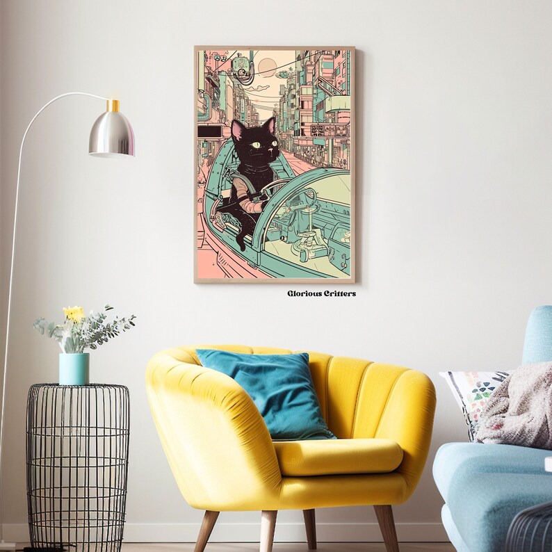 May include: A black cat driving a futuristic vehicle through a city with pink and blue buildings. The text "Glorious Critters" is at the bottom of the image.