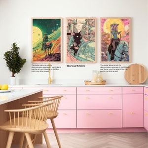 May include: Three colorful posters with a retro futuristic aesthetic. The posters feature a cowboy riding a horse, a cat driving a car, and a woman riding a horse. The text on the posters reads "Glorious Critters".