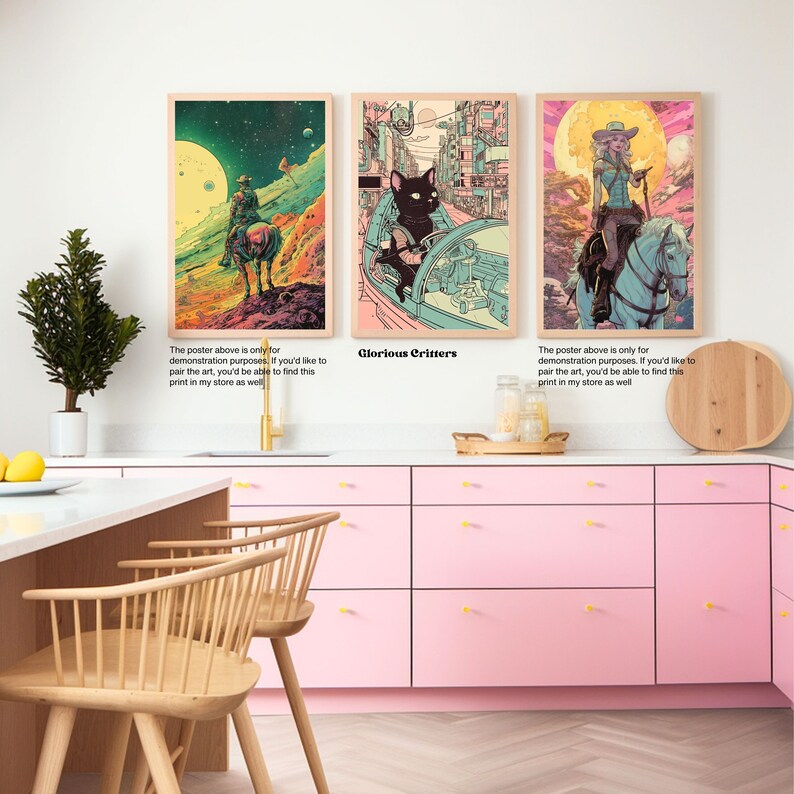 May include: Three colorful posters with a retro futuristic aesthetic. The posters feature a cowboy riding a horse, a cat driving a car, and a woman riding a horse. The text on the posters reads "Glorious Critters".