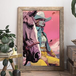 May include: A woman wearing a white cowboy hat and a blue denim jacket sits on a horse. The horse is a light purple color and has a brown leather bridle. The background is a pink and purple sunset with clouds.