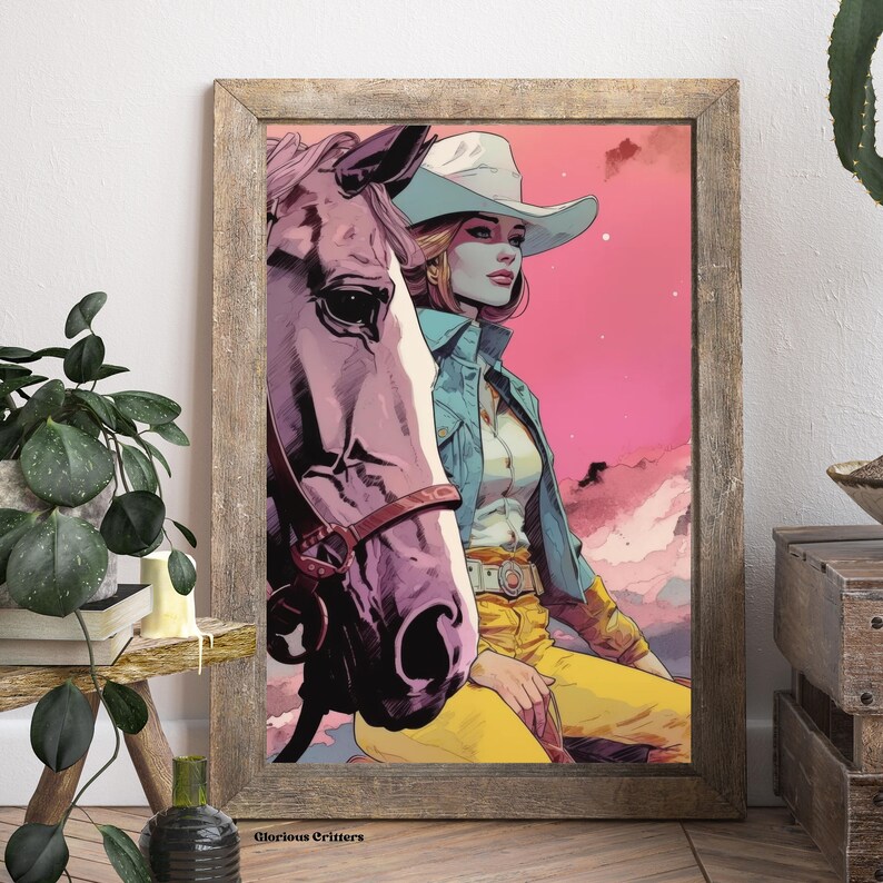 May include: A woman wearing a white cowboy hat and a blue denim jacket sits on a horse. The horse is a light purple color and has a brown leather bridle. The background is a pink and purple sunset with clouds.