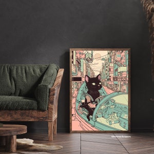 May include: A black cat wearing a spacesuit drives a futuristic vehicle through a city with pink and blue buildings. The text "Glorious Critters" is at the bottom of the image.