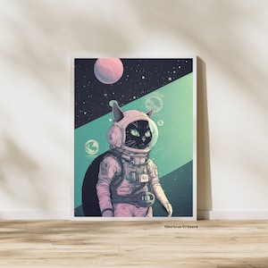 Eclectic home decor aesthetic, Space Vintage, space cat, Cosmic Art, Cat Poster,Black Cat Art, sci-fi, Vintage wall art, retro sci fi