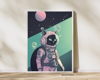 May include: A black cat wearing a pink astronaut suit with a helmet and a visor. The cat is floating in space with stars and planets in the background. The text "Glorious Critters" is at the bottom of the image.