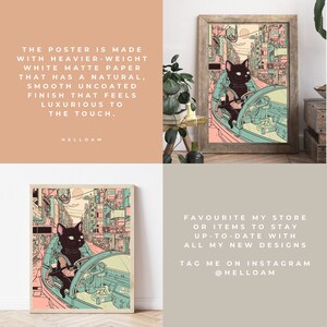 May include: A black cat driving a car through a city street scene. The poster is printed on heavier-weight white matte paper with a natural, smooth uncoated finish. The text on the poster reads "Favourite my store or items to stay up-to-date with all my new designs. Tag me on Instagram @helloam."