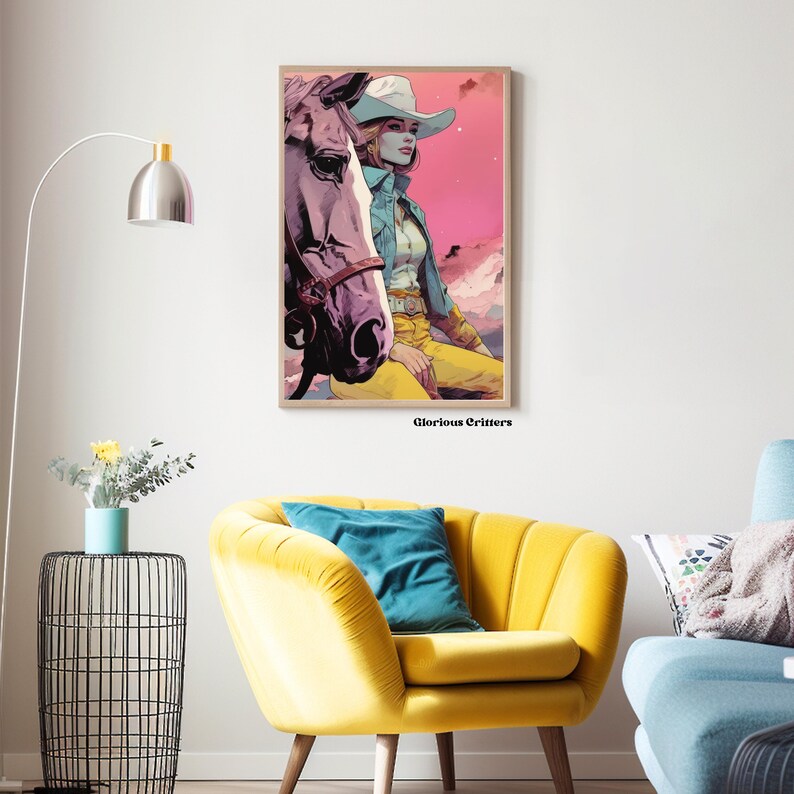 May include: A digital illustration of a woman wearing a cowboy hat and a blue denim shirt riding a horse. The background is a pink and purple sunset with stars. The text "Glorious Critters" is at the bottom of the image.