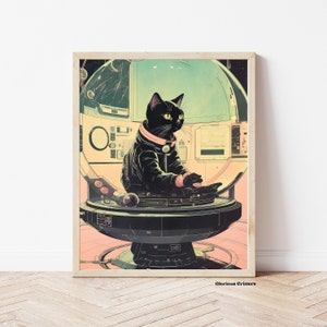 Space Vintage space cat Nasa Cosmic Art Retro Futuristic Art surrealism art print Retro Art Retro Surreal Art Missing home eclectic decor