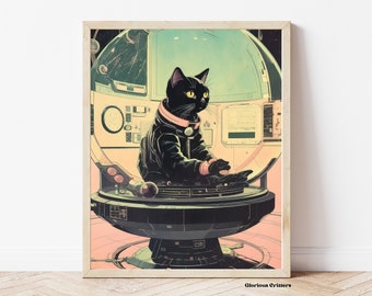 Space Vintage space cat Nasa Cosmic Art Retro Futuristic Art surrealism art print Retro Art Retro Surreal Art Missing home eclectic decor