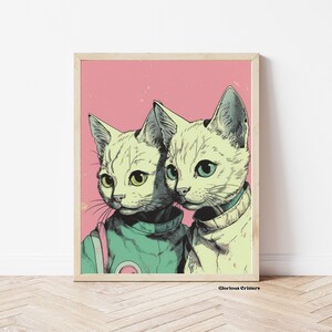 May include: Two white cats with green eyes wearing matching blue and green racing suits against a pink background. The text "Glorious Critters" is at the bottom of the image.