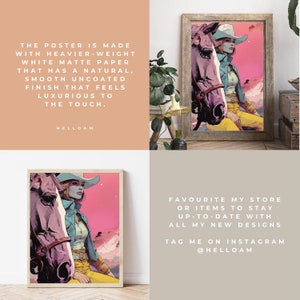 May include: A digital art print featuring a woman in a cowboy hat riding a horse. The background is a pink and purple sunset with stars. The text "HELLOAM" is at the bottom of the print.