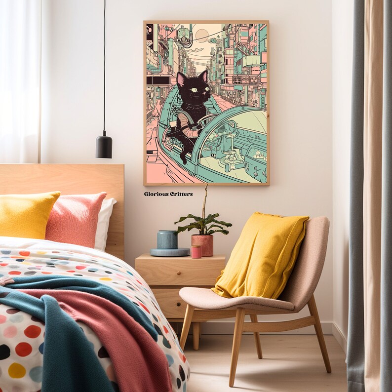 May include: A black cat driving a futuristic vehicle in a city setting. The cat is wearing a black outfit and has a determined expression. The vehicle is a sleek, silver car with a large windshield. The city is a vibrant mix of pink, blue, and green buildings. The image is titled "Glorious Critters".