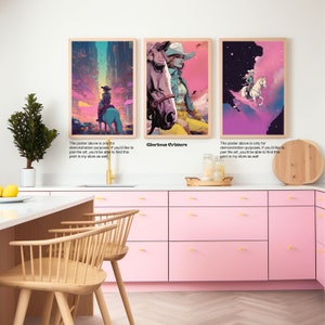May include: Three digital art prints featuring a woman riding a horse in different settings. The first print shows a woman riding a horse in a futuristic city. The second print shows a woman riding a horse in a field with a pink sky. The third print shows a woman riding a horse in a field with a purple sky. The prints are all in a modern style and have a vibrant color palette.