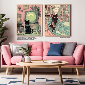 May include: Two digital art prints featuring black cats in a futuristic city setting. The first print shows a cat sitting in front of a computer screen, while the second print shows a cat driving a futuristic vehicle. The text "Glorious Critters" is visible in the bottom right corner of the image.