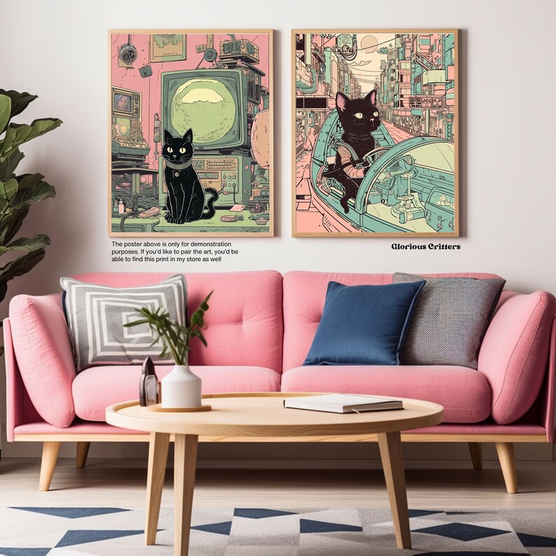 May include: Two digital art prints featuring black cats in a futuristic city setting. The first print shows a cat sitting in front of a computer screen, while the second print shows a cat driving a futuristic vehicle. The text "Glorious Critters" is visible in the bottom right corner of the image.
