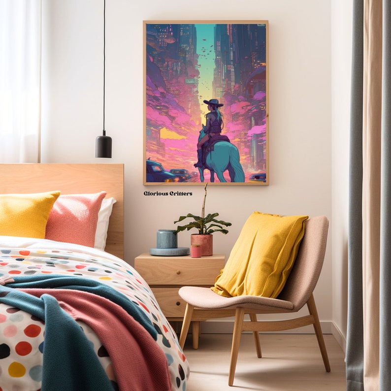 May include: A digital art print featuring a woman riding a white horse through a futuristic city with a pink and purple sky. The text "Glorious Critters" is at the bottom of the print.