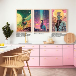 May include: Three digital art prints featuring a woman riding a horse in a futuristic setting. The prints are framed and displayed on a pink wall in a kitchen.