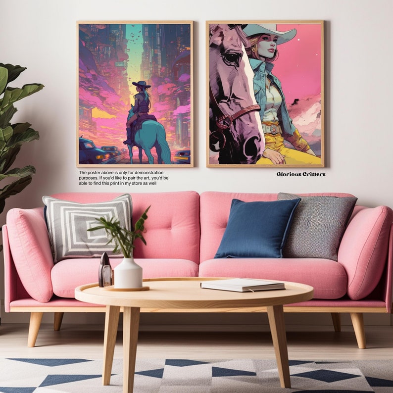May include: Two digital art prints featuring a woman on horseback in a futuristic city and a woman on horseback in a pink and blue landscape. The text "Glorious Critters" is at the bottom of the second print.