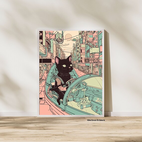Space Vintage space cat Nasa Cosmic Art Retro Futuristic Art surrealism art print Retro Art Retro Surreal Art Missing home eclectic decor
