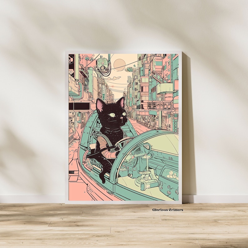 May include: A black cat wearing a spacesuit drives a futuristic vehicle through a pink and blue city. The cat is looking straight ahead. The text "Glorious Critters" is at the bottom of the image.
