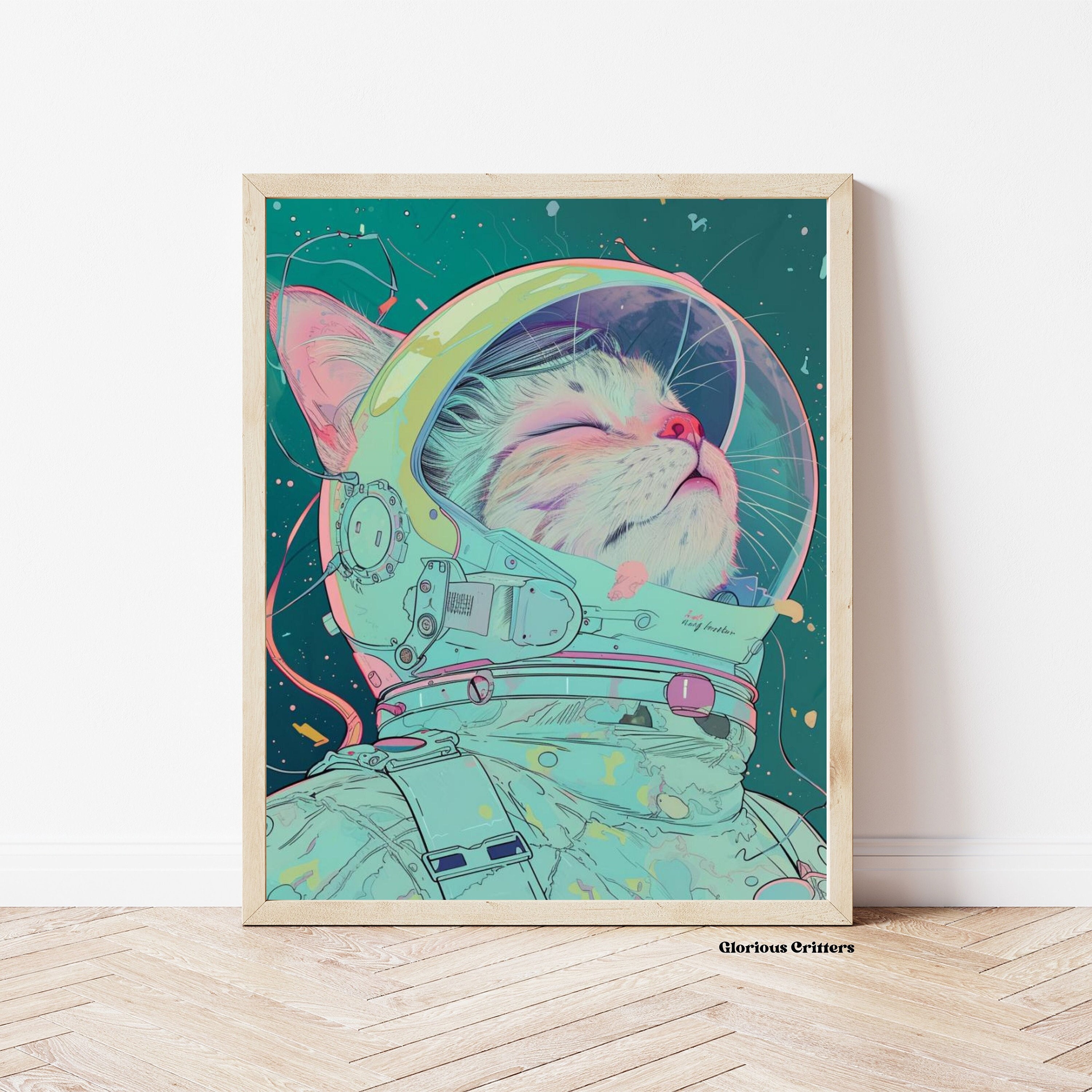 Eclectic Vintage Art Prints for Home Decor, Eclectic Gallery, Eclectic Gallery Wall Decor, space cat, astronaut cat, cat art,