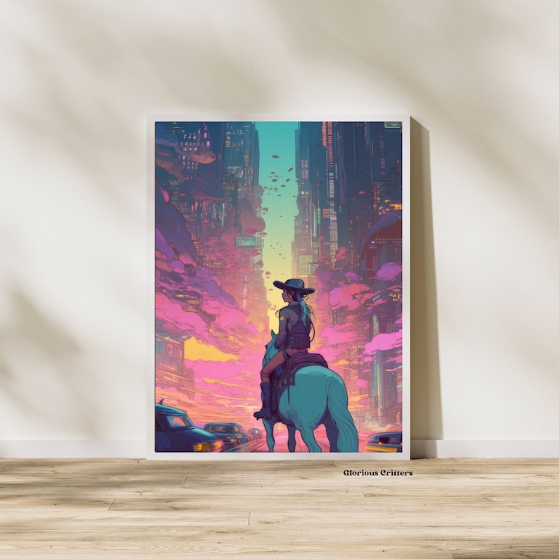 May include: A woman wearing a cowboy hat rides a white horse through a futuristic city with pink and purple clouds in the sky. The text "Glorious Critters" is at the bottom of the image.