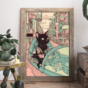 May include: A black cat wearing a pilot's outfit drives a futuristic vehicle through a city with pastel pink and blue buildings. The cat has green eyes and is looking straight ahead. The vehicle has a large, round window and a steering wheel. The city is filled with people and cars.