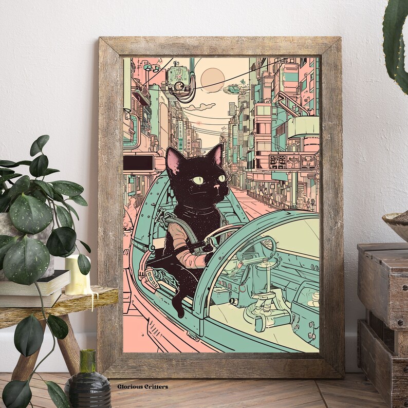 May include: A black cat wearing a pilot's outfit drives a futuristic vehicle through a city with pastel pink and blue buildings. The cat has green eyes and is looking straight ahead. The vehicle has a large, round window and a steering wheel. The city is filled with people and cars.