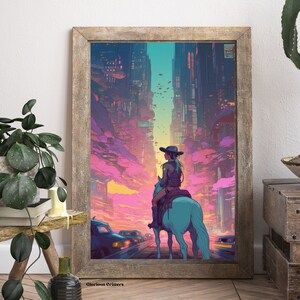 May include: A woman wearing a cowboy hat rides a white horse through a futuristic city with pink and purple clouds. The city is made up of tall buildings with neon lights.
