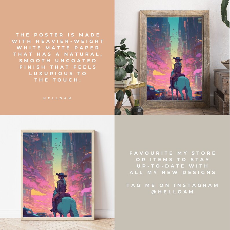 May include: A digital art print featuring a woman riding a horse in a futuristic city landscape. The print has a pink, purple, and blue colour scheme and is framed in a wooden frame. The text "HELLOAM" is visible in the image.