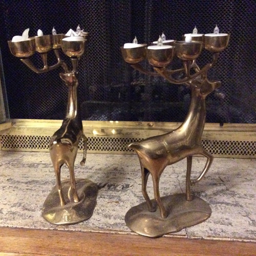 Decorative Tabletop Brass Deer Candelabras- Brass animal shops sculptures- vintage 1960- Brass deer-
