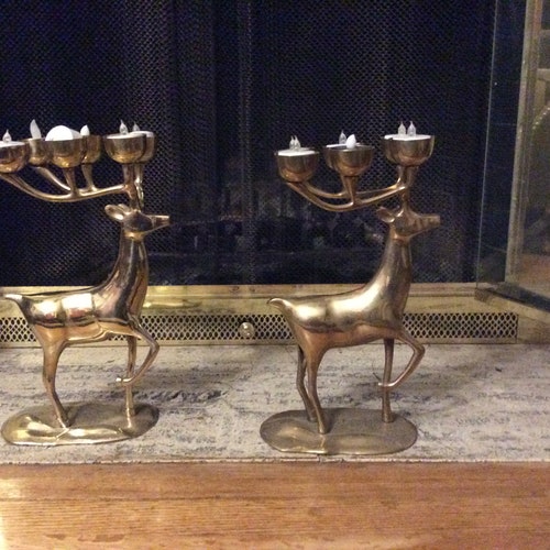Decorative Tabletop Brass Deer Candelabras- Brass animal shops sculptures- vintage 1960- Brass deer-