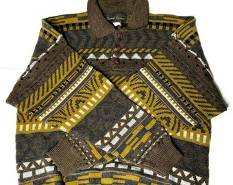 Vintage 90s Christian Dumas Cardigan Sweater Size L Multicolor Brown Collared Neck Made in Canada