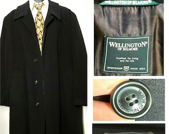 Vintage Wellington Wool Cashmere Coat Size 52 Black Long Sport Jacket Overcoat