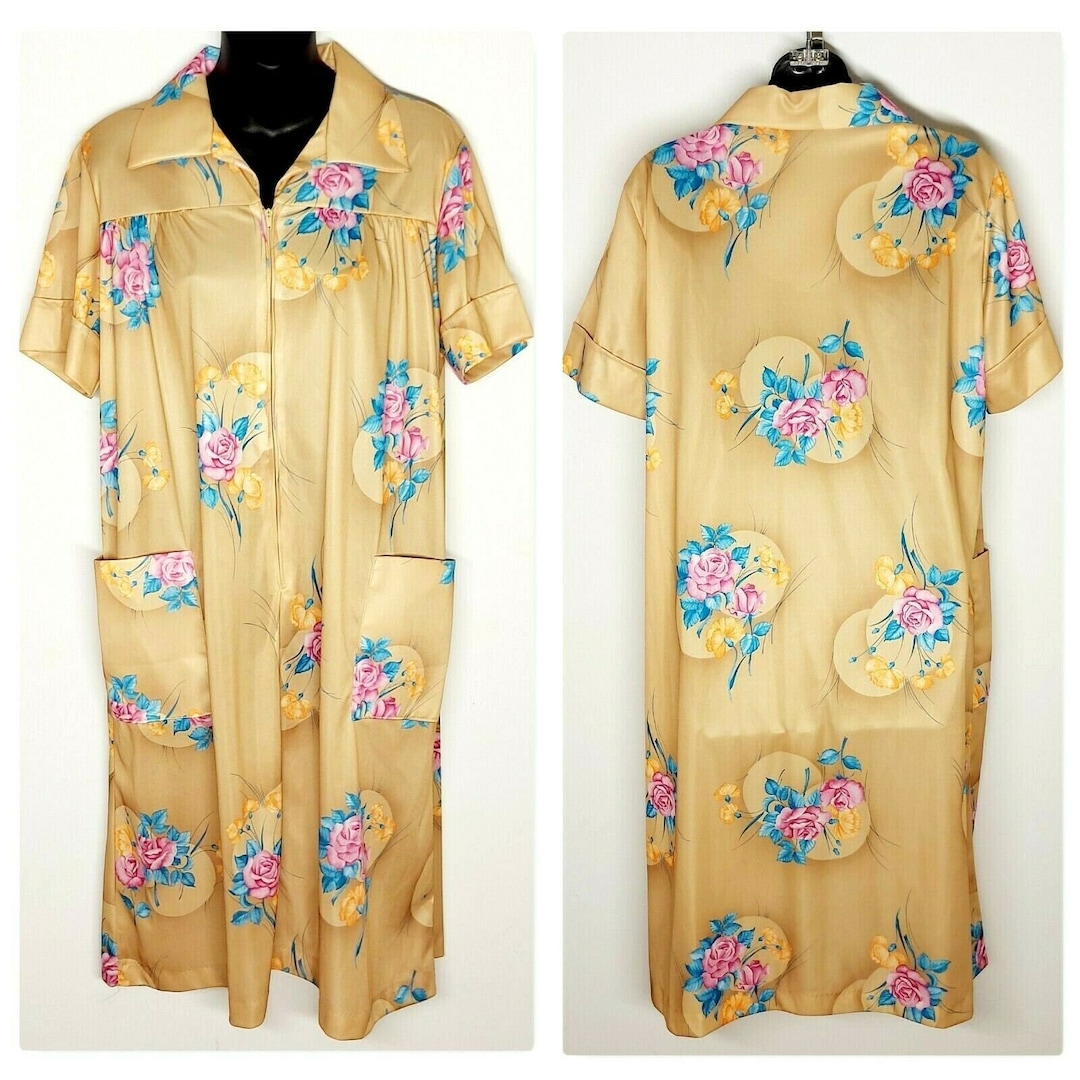 Vintage 80s Hamilton Floral Housecoat Size L Woman Dress Robe Collar ...