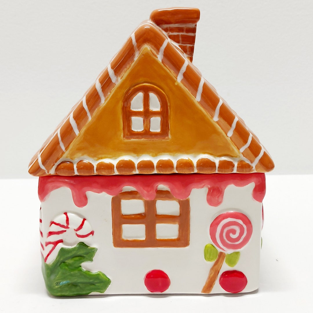 Gingerbread House Cookie Jar Vintage Candy Cane Gingerbread House