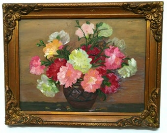Vintage 1982 Floral Nature Painting on Glass Wooden Frame Wall Hanging 14"X11.5"