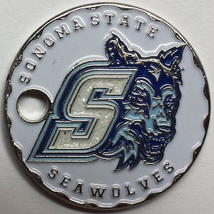 Moneda Pathtag de los Seawolves de la Universidad Estatal de Sonoma, Geocoin, Geocache de metal