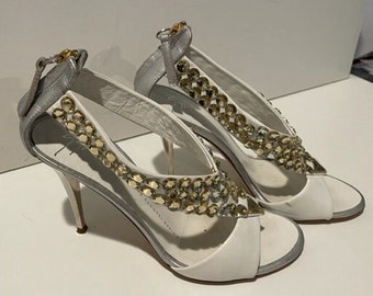 Guiseppe Zanotti Italian White Peep Toe Heels with Rhinestones