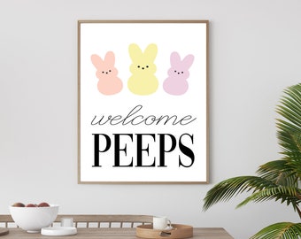 Welcome Peeps Easter Wall Art Printable Picture, Spring Home Decor Sign, Easter Marshmallow Bunny Rabbit Art Print, Instant Download