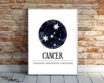 Cancer Astrology Horoscope Poster, Cancer Constellation Digital Wall Art Print, Watercolor Zodiac Birthday Gift Printable Instant Download