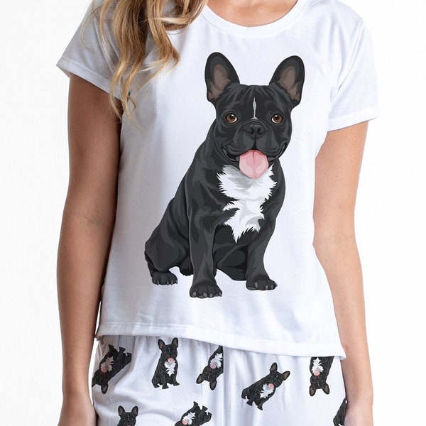 Zwarte Franse bulldog pyjama set met broek voor vrouwen, Frenchie minnaar cadeau, Franse bulldog pjs voor hondenmoeder, huisdier minnaar cadeau, zachte comfortabele pyjama