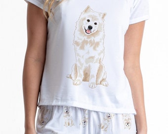 Samojed pyjamasset med byxor för kvinnor. Nattkläder för djurälskare, Pyjamasset för hundälskare, Presentset för American Eskimo, Vita hundkläder