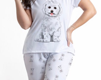 Dog Maltese pajama set with pants for women, Maltese dog lover matching pjs, dog pajamas for mom, maltipoo set for ladies, christmas