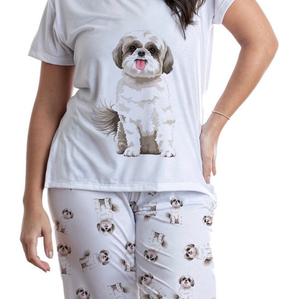 Dog Shih tzu Brown & white pajama set with pants for women, grey Shihtzu Pj set for dog lovers, nightwear for dog mom, valentines day gift