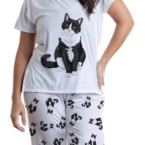 Tuxedo cat pajama set with pants for women, Bicolor cat lover gift, Felix cat gift, Kitty cat Pjs, I love my cat, kitty pajamas, bicolor pjs