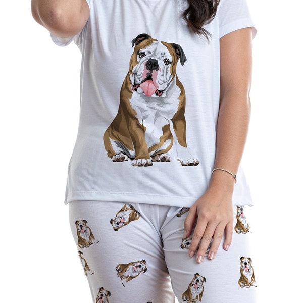 English bulldog matching pajama set with long pants for women, Bullie Gift, Bulldog Mom dog lover matching pjs, crazy dog mom lover set