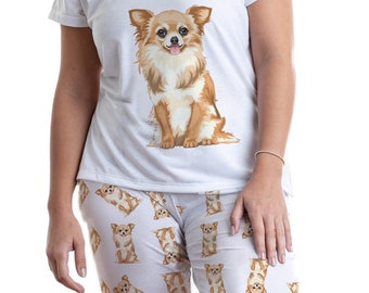 Long hair Chihuahua pajama set with pants for women, Hairy Chihuahua lover pjs set, cozy dog Jammies for mom, soft pajama pants with shirt