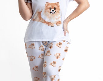 Dog pomeranian pajama set with pants for women, Lulu da Pomerania pj matching set, gifts apparel for women and dog lovers, pjs comfy pants