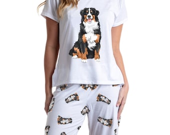 Bernese mountain pajama set with pants for women, Puppy Lover outfit, Bernese dog night outfit, under 40, fun set for sleepover, dog pj
