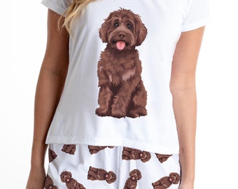 Brown Doodle pajama set with shorts for women, Poodle Golden Doodle pjs, Labradoodle jammies for mom , cute chocolate Labradoodle gift